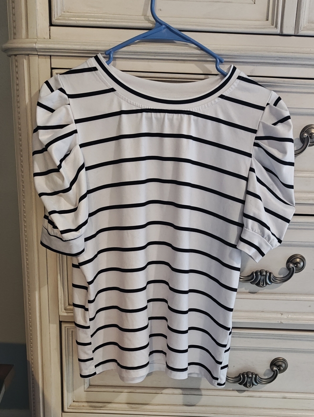 Girls White and Black Striped Puff Sleeve Dress